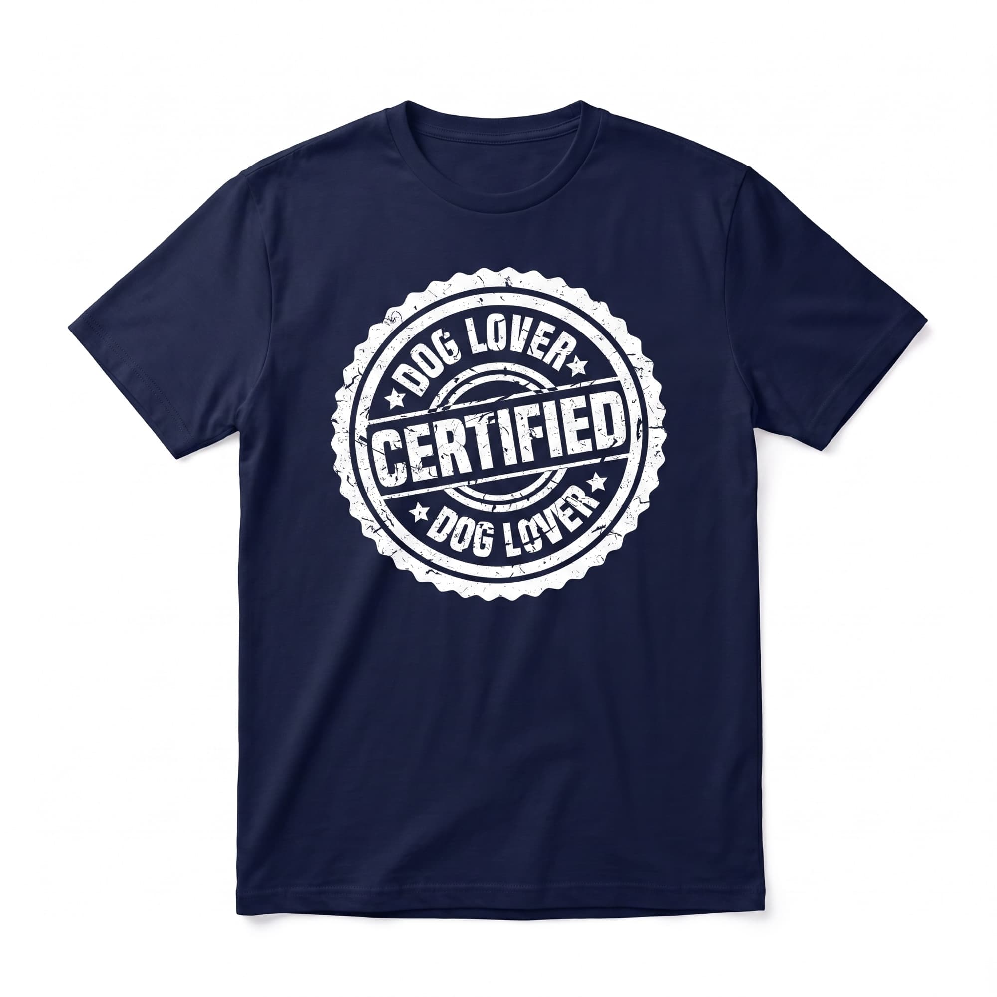 Navy blue unisex t-shirt printed with a white distressed circular stamp reading Certified Dog Lover
