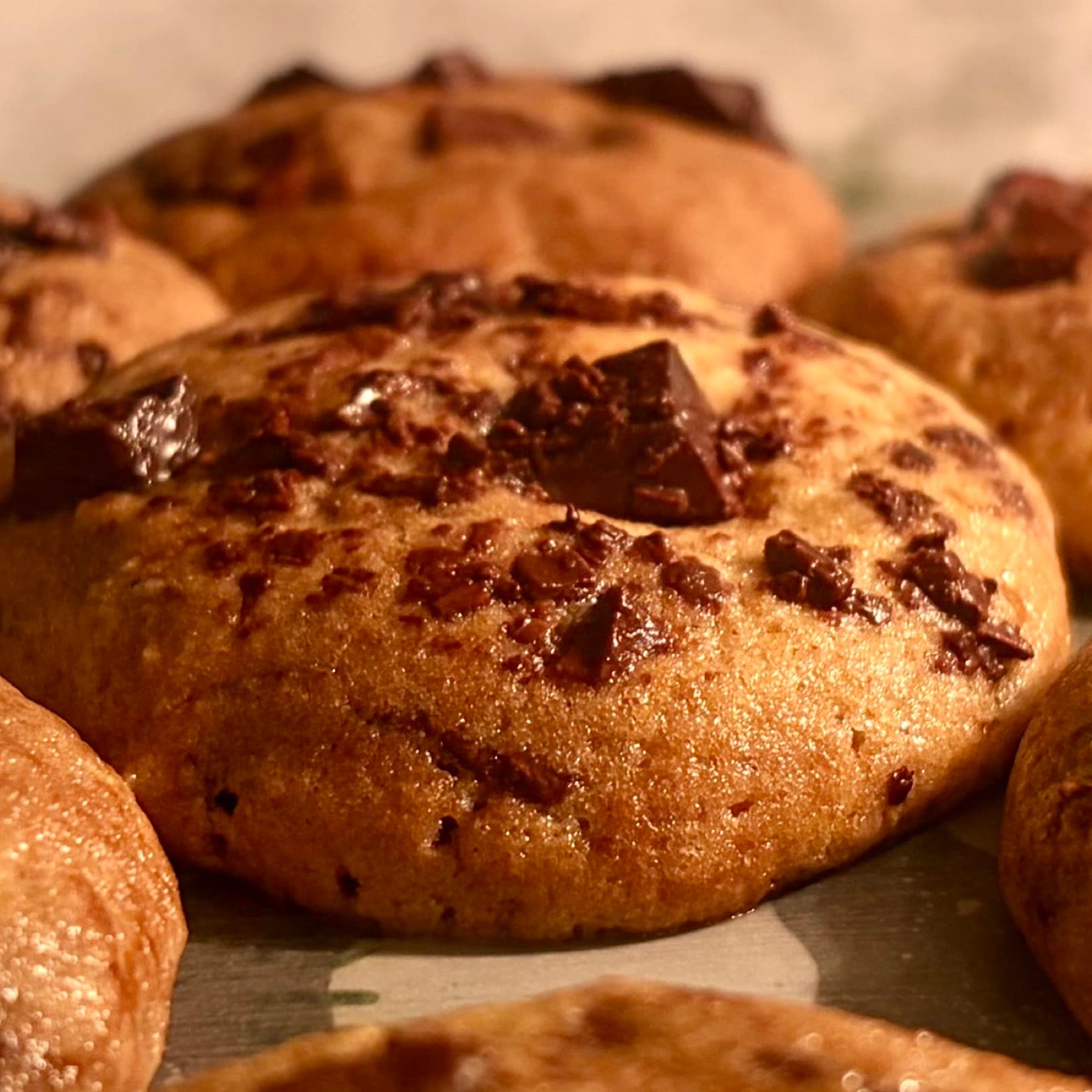 Close-up of a freshly baked chocolate chunk cookie on a tray, from iAdopt Cookies for a Cause