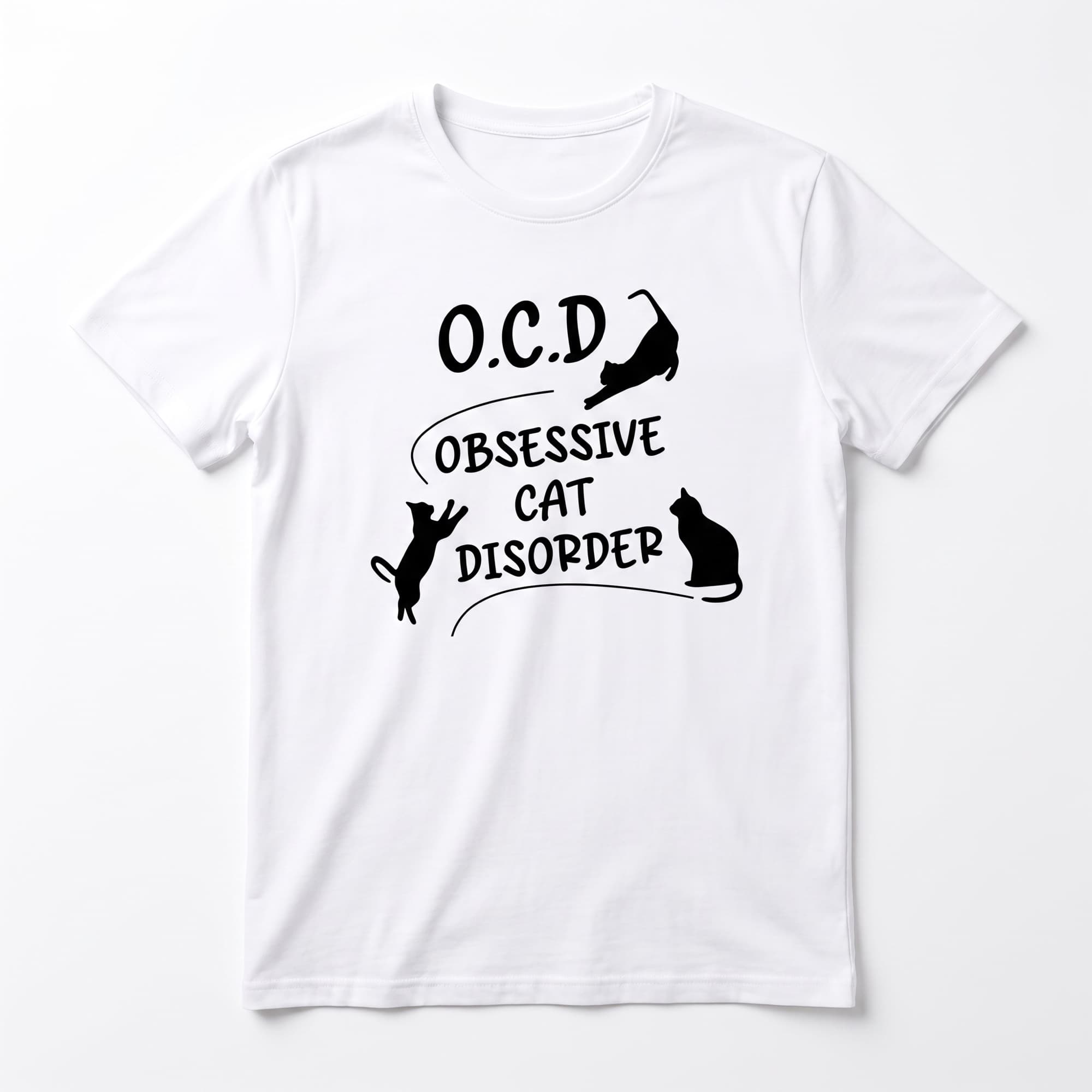 White unisex t-shirt printed with black cat silhouettes and the words O.C.D Obsessive Cat Disorder