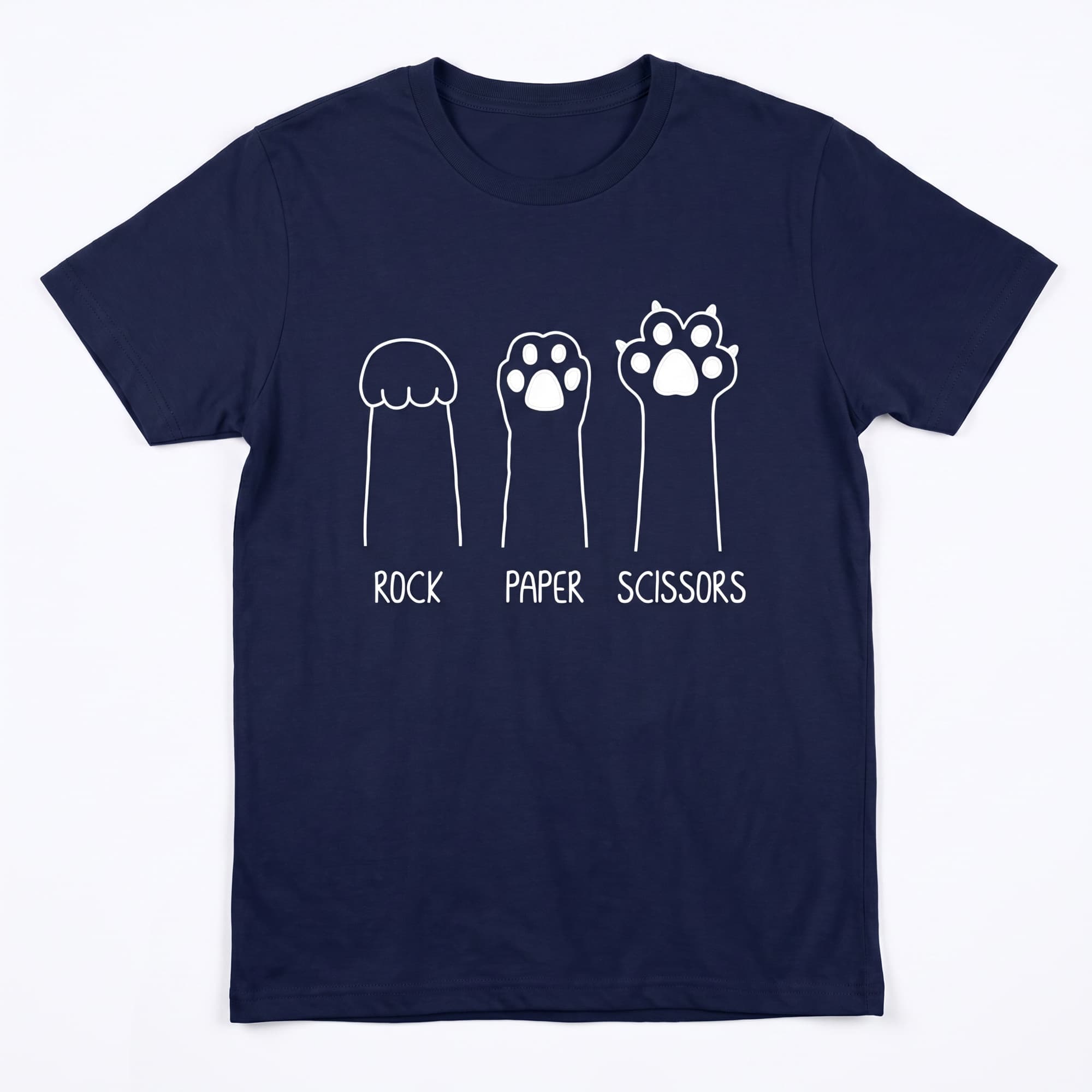 Navy blue unisex t-shirt printed with three white cat paw outlines labelled Rock, Paper and Scissors