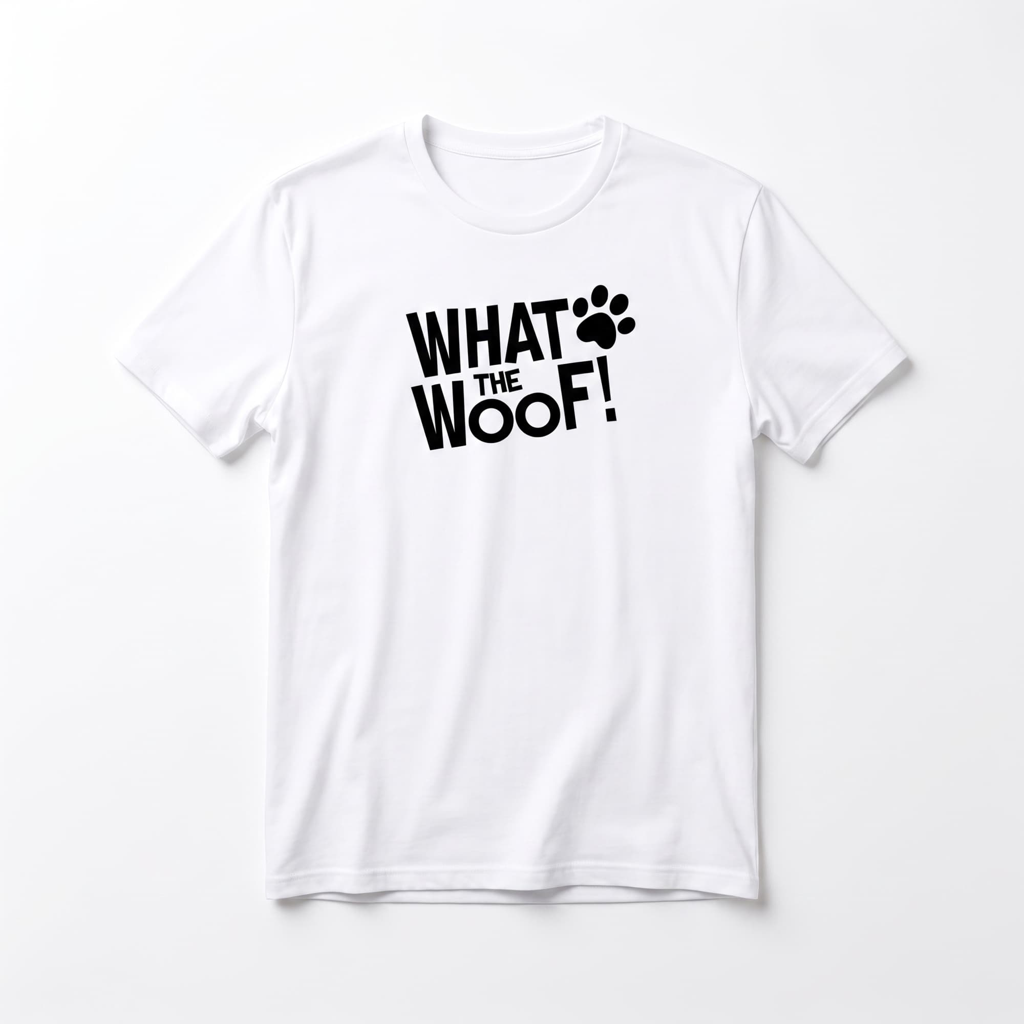 White unisex t-shirt printed with bold black lettering reading What The Woof next to a paw print
